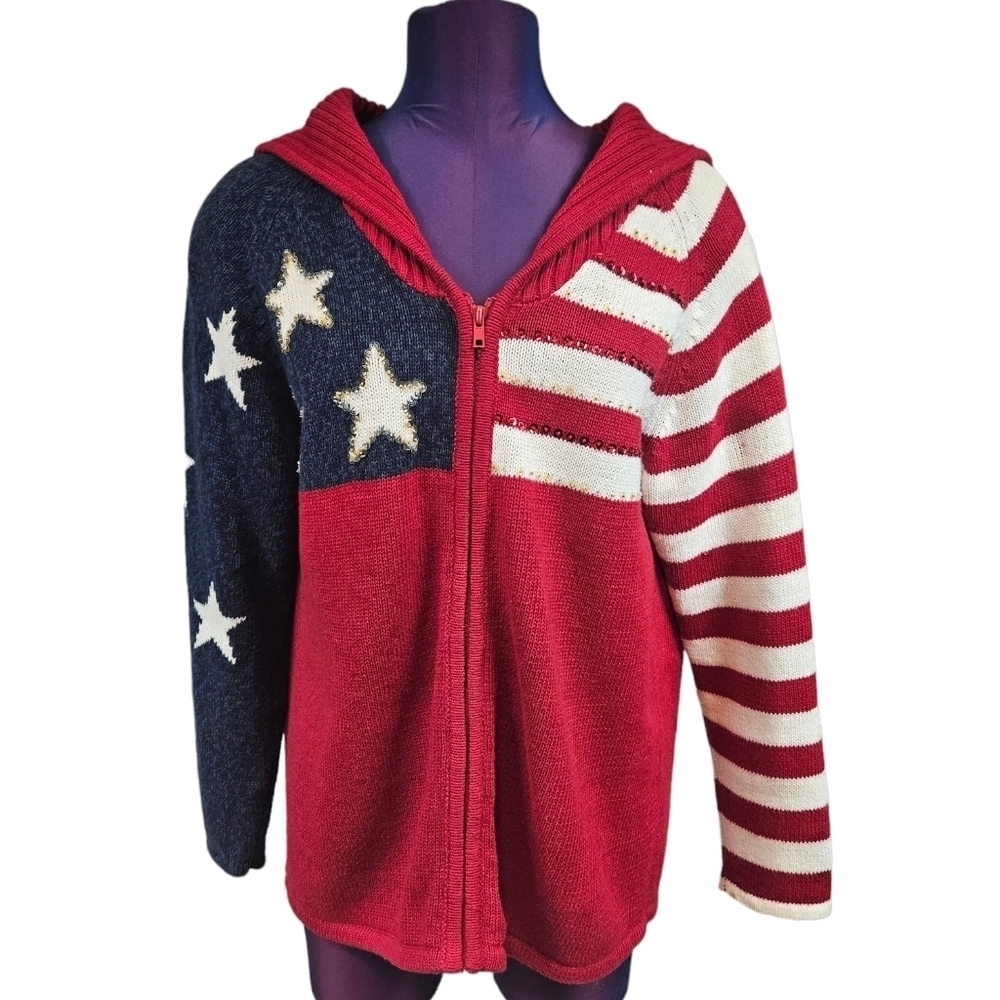 Tiara International Y2K American Flag Full Zip Cardigan Sweater Size Medium F87